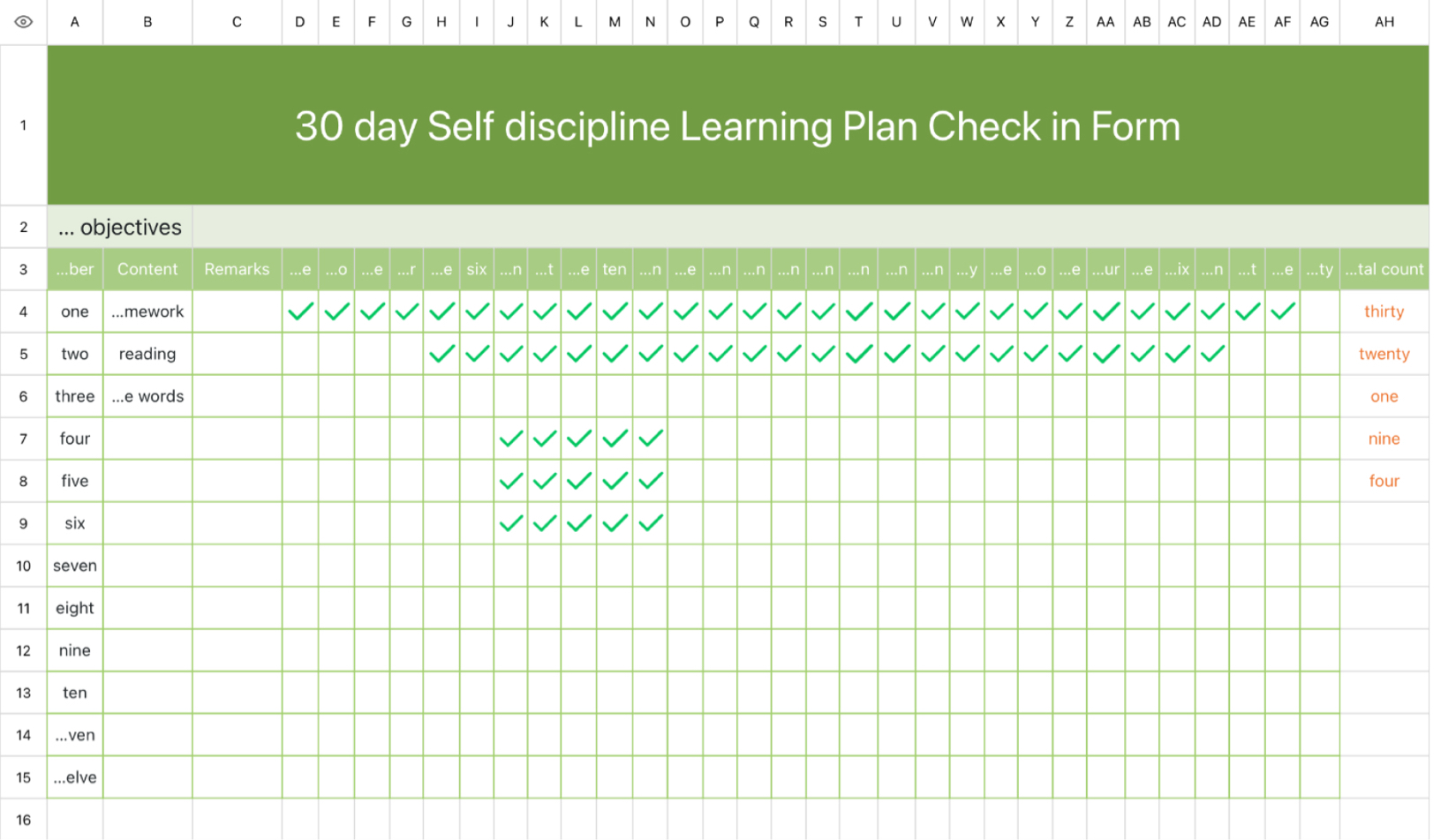30 day Self discipline Learning Plan Check in Form